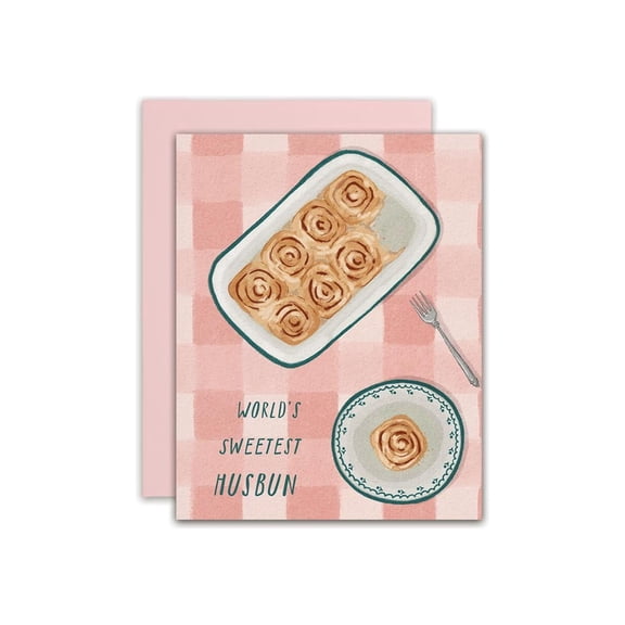 World's Sweetest Husbun Greeting Card, Cinnamon Roll Illustration, Romantic Love Card for Husband, Anniversary or Valentine's Day Card, Pink Gingham Design
