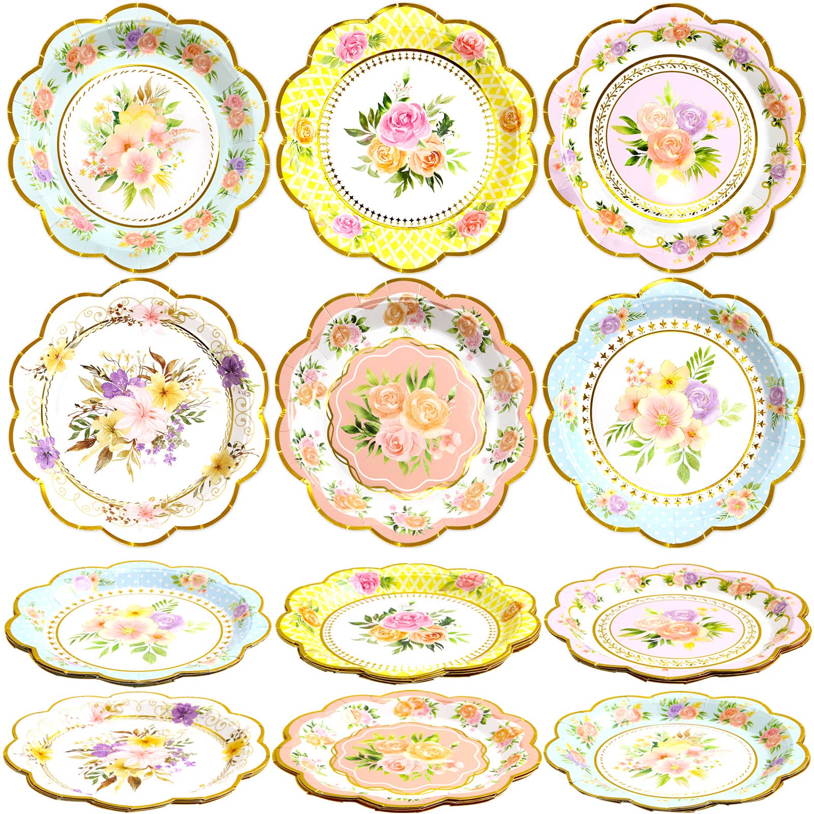 WorldBazaar Floral Plates Small Tea Party Decoration 24 Count Gold Foil