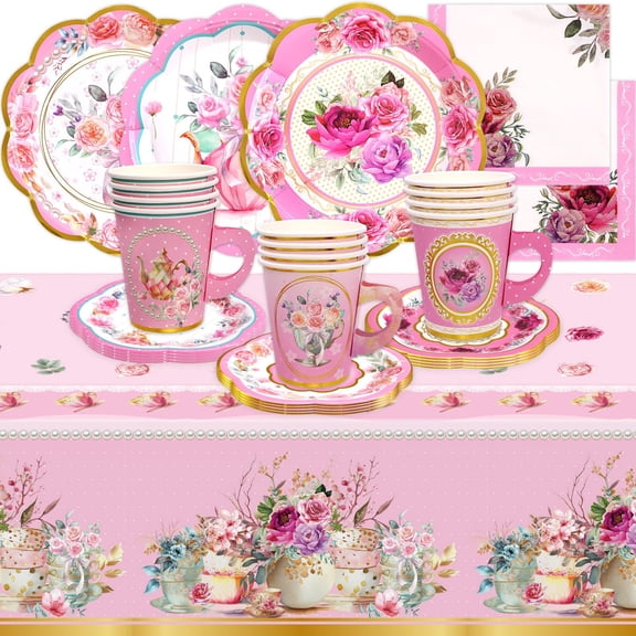 WorldBazaar Tea Party Disposable Tableware Set Pink Tea Party Supplies 12 Sets Floral Paper Tea Cups and Saucers Plates Napkins Tablecloth Pink Birthday Table Decorations Women Girls Adults Y114