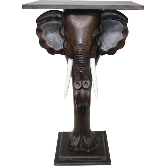 WorldBazzar Elephant Table Hand Carved Mahogany End Table Plant Stand Sculpture A