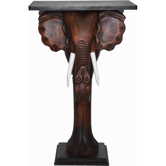 WorldBazzar Elephant Table Hand Carved Mahogany End Table Plant Stand Sculpture