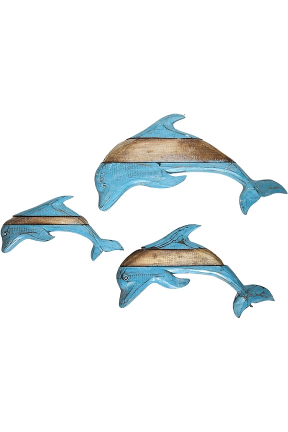SET OF 3 DOLPHIN HAND CARVED OUT WOOD Beach Ocean Sea Life Wall Art Nautical Coastal Home Dcor