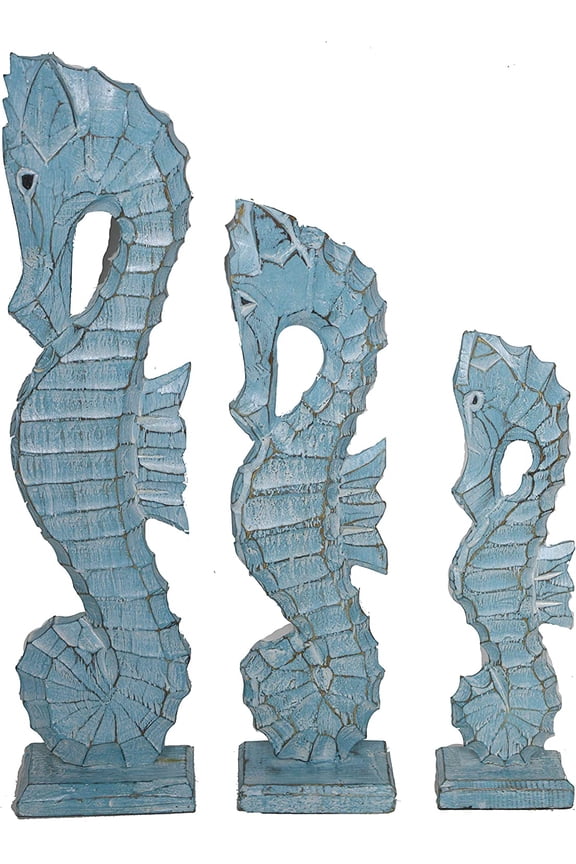 Seahorses Nautical Set of 3 Wood Teal Blue Aqua Standing Art Decor 20" 16" 12"