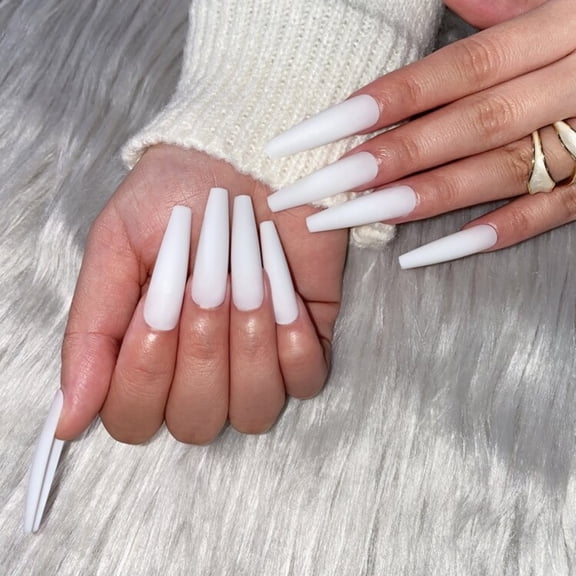 WorldofKikka Classic White Coffin Press-On Nail Set Durable & Reusable Glossy (24 Pcs)