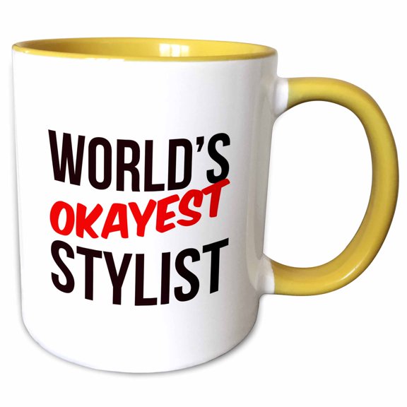 3drose, Worlds Okayest Stylist, 15oz Two-tone Yellow Mug