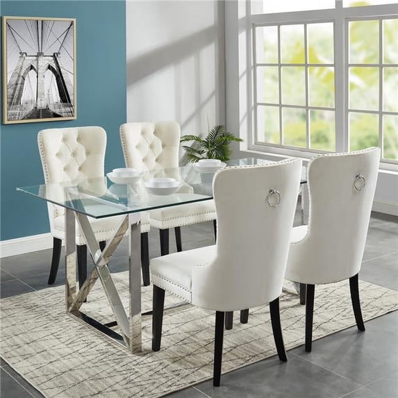 Worldwide Homefurnishings 207-521-080IV Lorenzo & Rizzo Dining Set in Chrome with Ivory Chair - 5 Piece