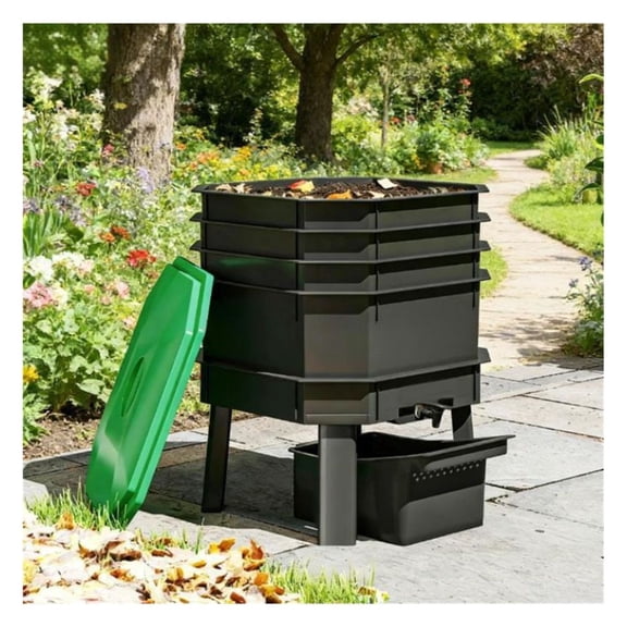 Worm Composting Bin - Kitchen Compost Bin for Vermicomposting - Dark Green - 4 Tray Worm Farm with Spigot - Indoor Outdoor Use