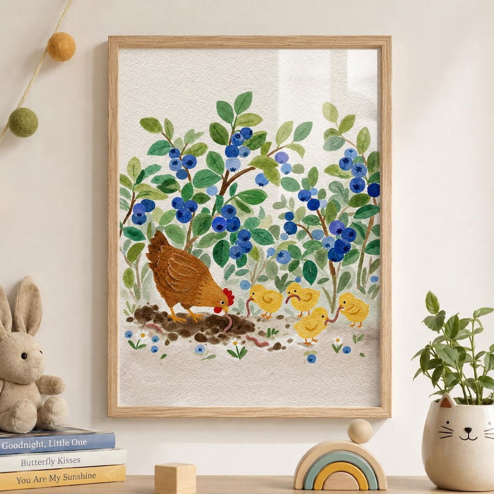 Worm Hunt Poster, Hen and Chicks in Blueberry Garden Art, Farmhouse ...