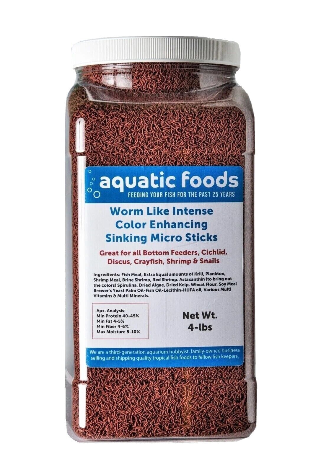 Worm Like Intense Color Enhancing Sinking Micro Sticks for Discus, Cichlids, Koi and Pond Fish, All Tropical Fish…4-lb Lg Jar