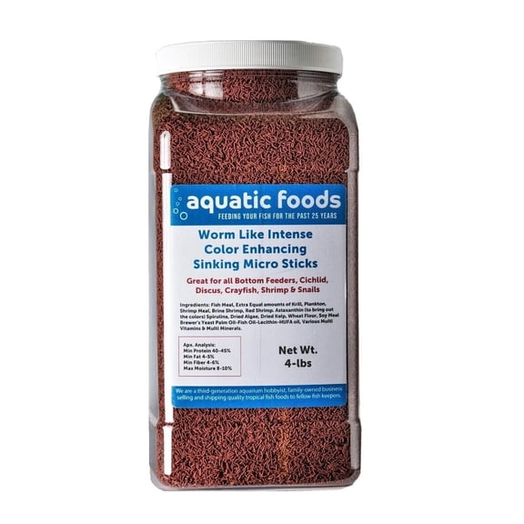 Worm Like Intense Color Enhancing Sinking Micro Sticks for Discus, Cichlids, Koi and Pond Fish, All Tropical Fish4-lb Lg Jar
