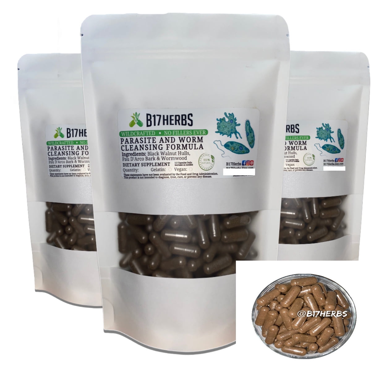 Worm & Parasite Blend | Black Walnut Hulls | Wormwood | Pau D'Arco Bark | Clove | Caps [C]leanse | Wellness | B17 Herbs - Bulk Purchase
