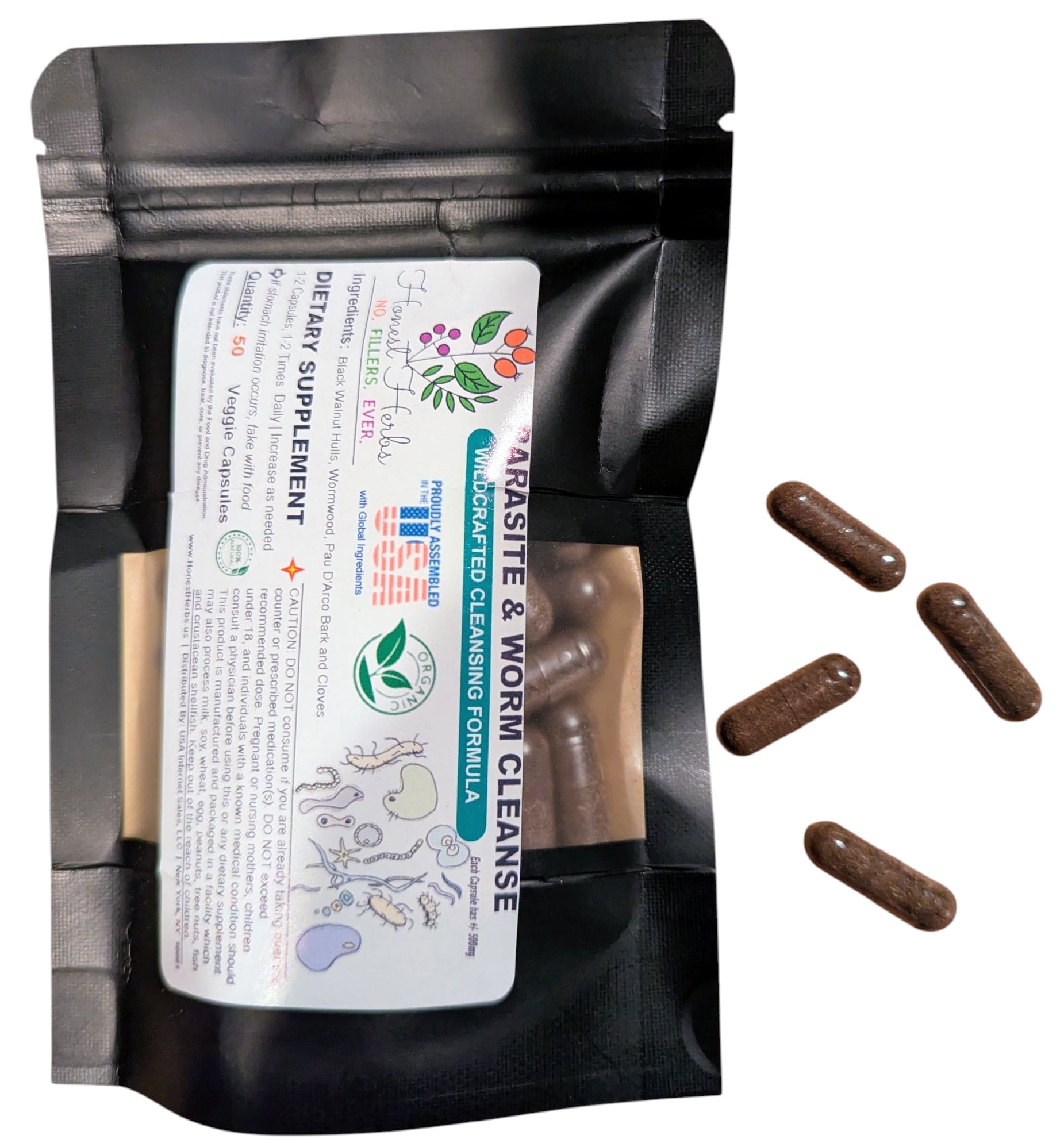 Worm & Parasite Blend - Natural Cleanse Formula - Black Walnut Hulls - Wormwood - Pau D'Arco Bark - Clove - Honest Herbs - 50 Veggie Caps