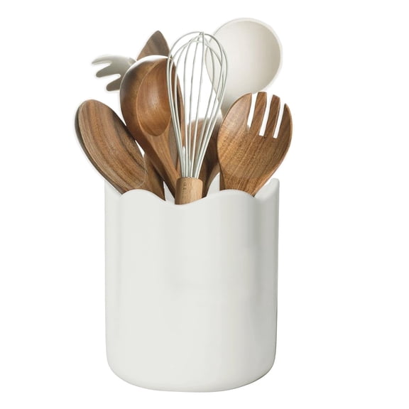 WormHome Ceramic Utensil Holder for Kitchen Counter, Large Kitchen Utensil Holder for Countertop with Cork Bottom, Cooking Tool Organizer for Spatula, White