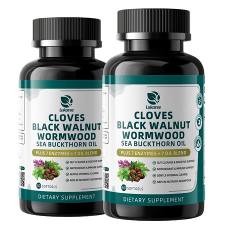 Wormwood Black Walnut Clove Cleanse for Humans Softgels Supplement w/ 7 Oils & 7 Enzymes, 20-in-1 Formula for Gut Cleanse & Digestive Support, 120 Count by Lukaree