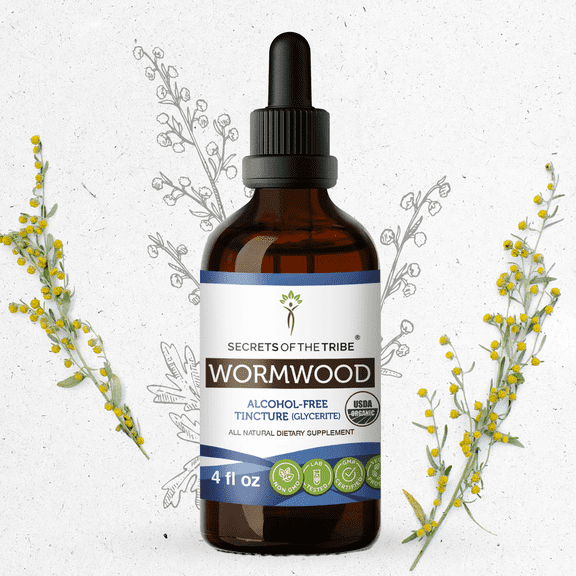 Secrets Of The Tribe Wormwood Organic Dietary Supplement, Natural Herbal Tincture for Digestive Support, Certified Organic Wormwood (Artemisia absinthium) Dried Herb, Alcohol-Free Extract, Drops 4 oz