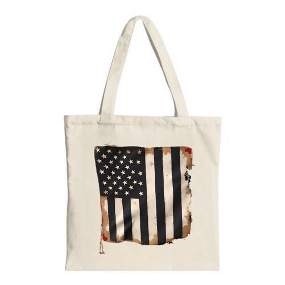 Worn American Flag Tote Bag - Distressed Black & White Stripes & Stars Canvas Reusable Perfect for Shopping Travel & Parties