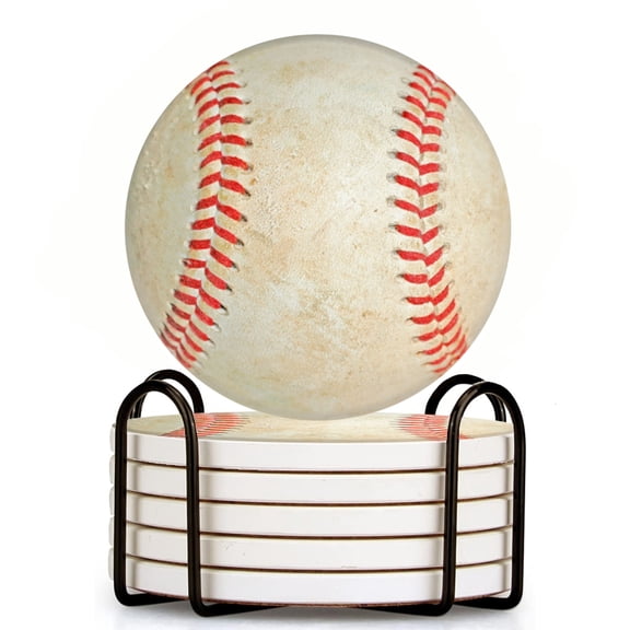 Worn Baseball With Red Stitching Set of 6 Ceramic Coasters with Holder, Absorbent Drink Bar Coasters, Table Coasters for Living Room Decor Tabletop Protection