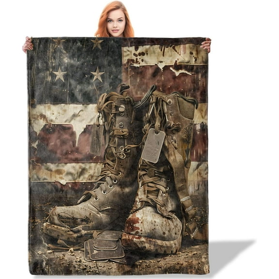 Worn Combat Boots Veterans Throw Blanket 50"x60", War Memories Theme Blankets for Living Room Couch, Home Decor, Soft Flannel Veteran Gifts for Adults and Men
