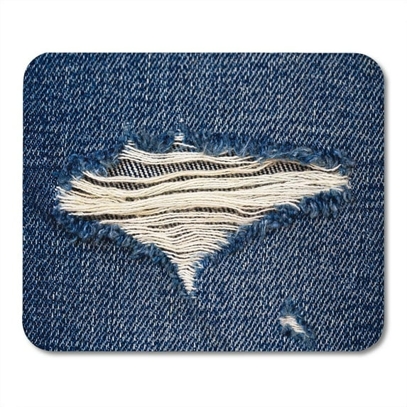 Worn Denim Jeans Ripped Destroyed Torn Blue Patch Hole and Threads on Blank Mousepad Mouse Pad Mouse Mat 9x10 inch