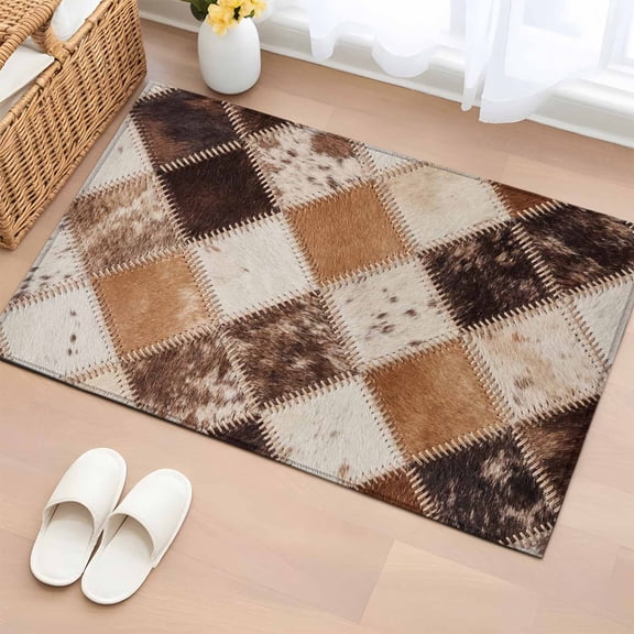 Worn Hide Entryway Rug 2'x3' Rustic Vintage Abstract Bronze Brown Tan Diamond Plaid Small Area Rug Non-Slip Front Door Mat Washable Floor Carpet for Indoor Entrance Kitchen Bathroom