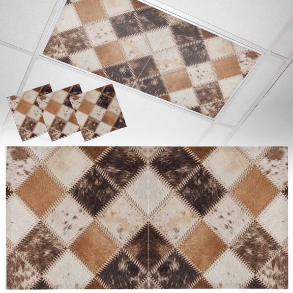Worn Hide Fluorescent Light Covers Rustic Vintage Abstract Bronze Brown Tan Diamond Plaid Magnetic Light Filters Ceiling Lighting Panel Shade for Classroom Office Home 2 x 4 ft, 3 Pack
