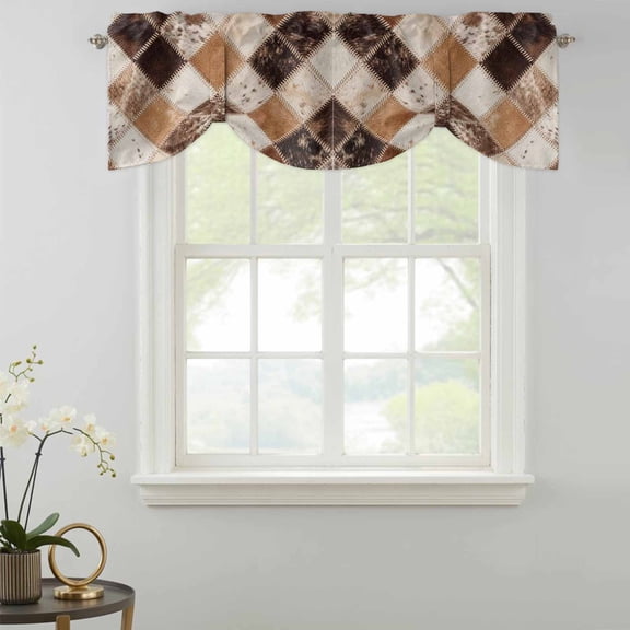 Worn Hide Tie Up Valances Curtain, Rustic Vintage Abstract Bronze Brown Tan Diamond Plaid Adjustable Valance for Window Light Filtering for Kitchen and Bathroom Rod Pocket 1 Panel 42x12in