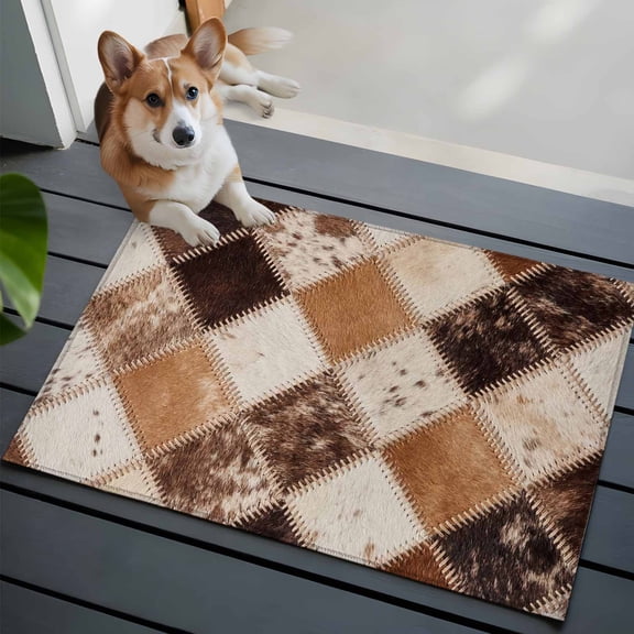 Worn Hide Washable Entry Rug 2x3 Rustic Vintage Abstract Bronze Brown Tan Diamond Plaid Low Pile Indoor Door Mat with Rubber Backing Thin Area Rug for for Entrance, Bedroom, Kitchen, Bathroom