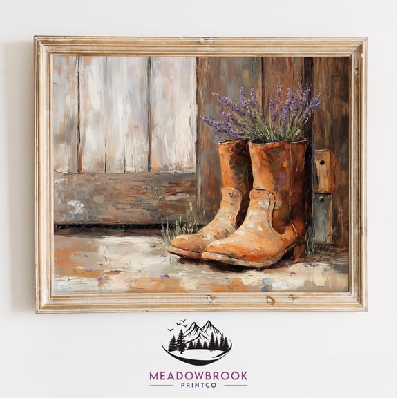 Worn Leather Boots By Wooden Wall - Rustic Farmhouse Printable, Vintage Country Decor, Cottagecore Outdoor Scene, Western Wall Art 1120 UNFRAMED Poster, Wall Art for Decor, Present, 12x18