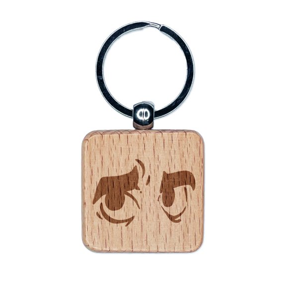 Worried Cartoon Eyes Looking to the Side Square Keychain Charm Tag - Engraved Wood