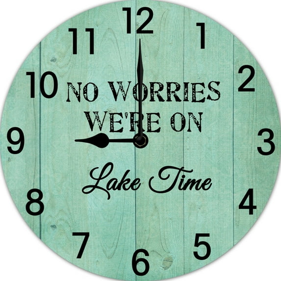 No Worries We're on Lake Time 10 Inches Holiday Funny Wood Wall Clock Round Wall Clock Rustic Wood Clock Vintage Wall Hanging Home Accent Decor Clock for Kitchen Lake House Cabin Bedroom