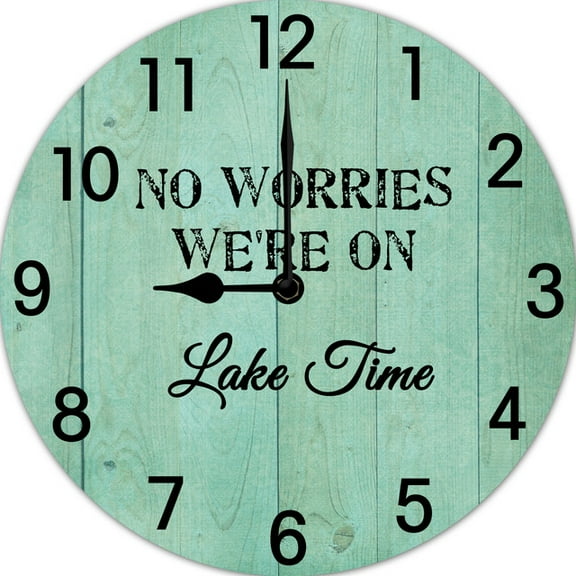 No Worries We're on Lake Time 10 Inches Holiday Funny Wood Wall Clock Round Wall Clock Rustic Wood Clock Vintage Wall Hanging Home Accent Decor Clock for Kitchen Lake House Cabin Bedroom
