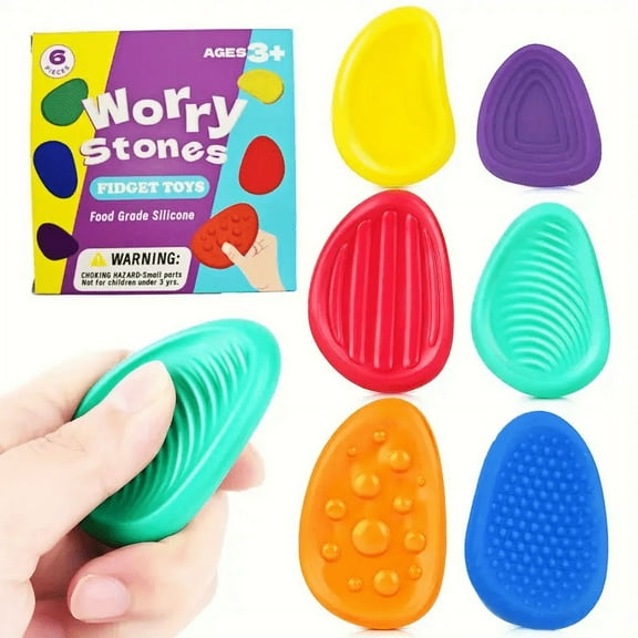 Worry Stones for Anxiety, 6-Piece Set Silent Fidget Toys for Ages 3 and Up Textured and Soft Fidget Toys Stress Relief Fidgets for Classroom