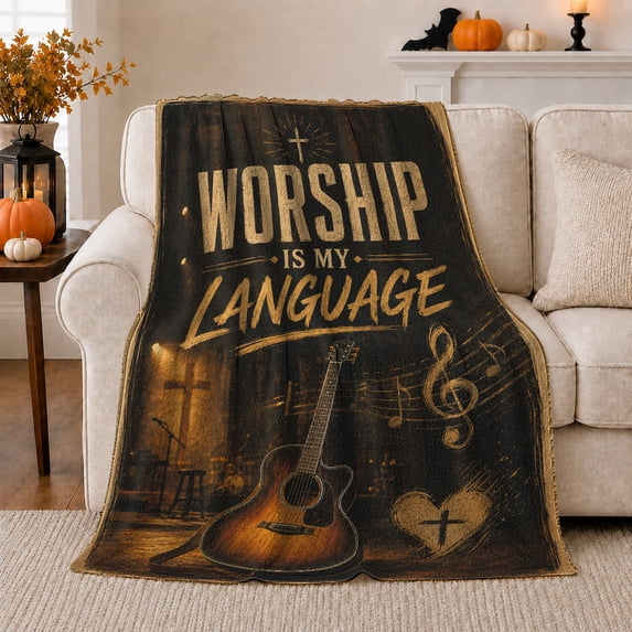 Worship Cross Guitar Pumpkins Bat Autumn Stage Rustic, Festive autumn celebration Scene, Warm Flannel Blanket for Living Room and Reading Nook, Art Lovers autumn celebration Gift, Festive Home Decor