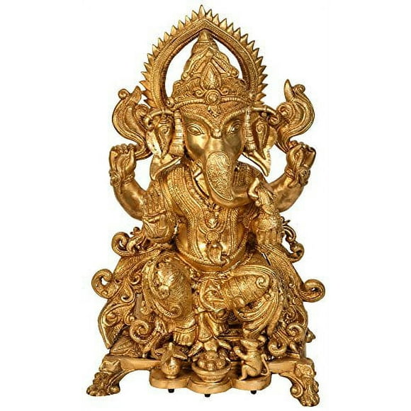 Worship of Lord Ganesha with Laddoos and Coconut - Brass Statue