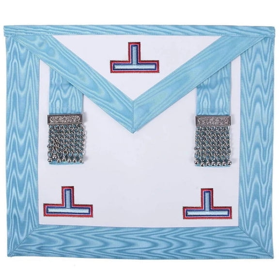 Worshipful Master Emulation Rite Apron – Turquoise Moire with Silver Triple Taus and Chain Tassels
