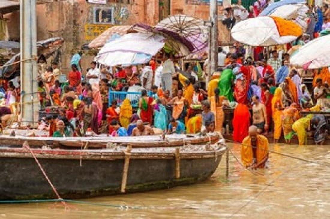 Worshipping pilgrims on Ganges river Varanasi India Canvas Art - Ali Kabas DanitaDelimont (34 x 23)