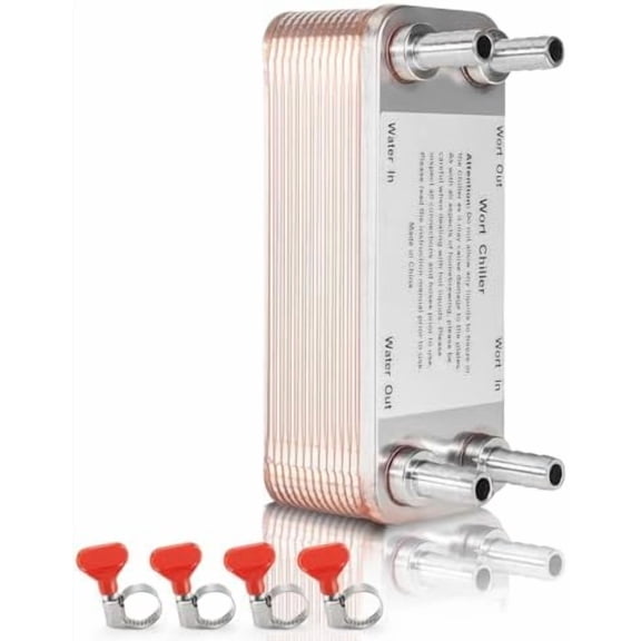 Wort Chiller 20 Plates, 1/2 Barb Fitting Connection, Brazed Plate Copper Heat Exchanger for Homebrew, Stainless Steel 7.5" x 2.9" Plate, Hot Liquid Accelerated Cooler Quick Beer Cooling System