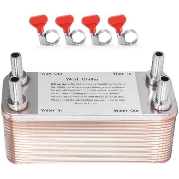 Wort Chiller 30 Plates, 1/2 Barb Fitting Connection, Brazed Plate Copper Heat Exchanger for Homebrew, Stainless Steel 7.5" x 2.9" Plate, Hot Liquid Accelerated Cooler Quick Beer Cooling System