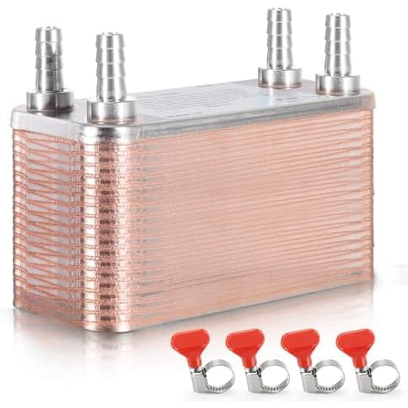 Wort Chiller 40 Plates, 1/2 Barb Fitting Connection, Brazed Plate Copper Heat Exchanger for Homebrew, Stainless Steel 7.5" x 2.9" Plate, Hot Liquid Accelerated Cooler Quick Beer Cooling System