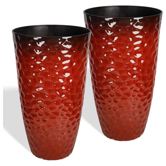 Worth 2 Pack 24" Tall Large Round Plastic Planter with Drainage Hole, Glossy Red