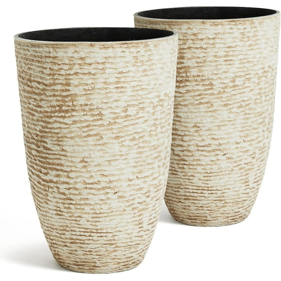 Worth 9 Gallon Tall Round Planters Set of 2-14" Dia x 21" H Stone Finish Flower Pots Indoor Decorative Container Garden Patio Unbreakable Beige