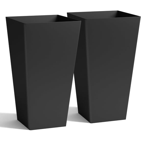 Worth Garden 20" Tall Planters Set of 2 Large Black Tapered Plastic Flower Pots for Indoor & Outdoor Use Modern Plant Containers with Drainage Holes Ideal for Front Porch, Patio, Balcony