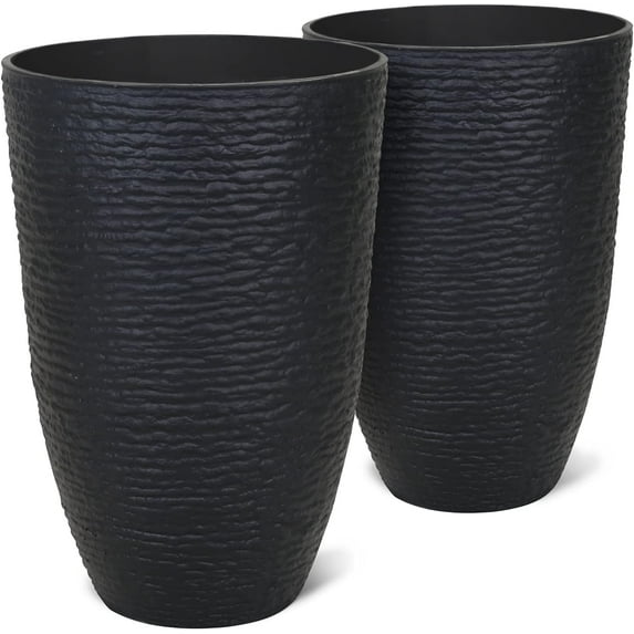 Worth Garden 21" H Tall Planters 2 Pack - 14'' Dia Resin Large Round Black Flower Pots for Outdoor Trees - Imitation Stone Finish Plastic Indoor Front Porch 9 Gallon Decorative Container Patio