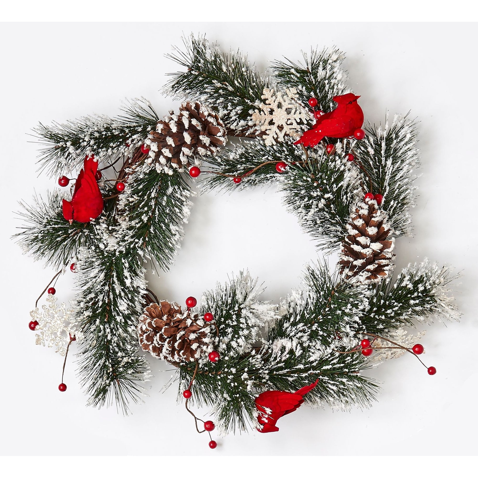 Snowy Pine Wreath with Red Cardinals and Snowflakes