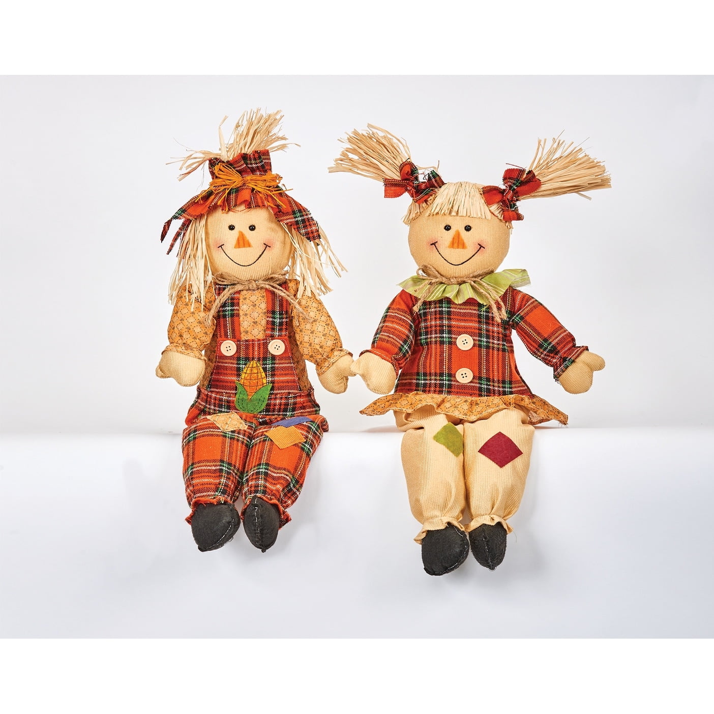 24" Orange and Beige Sitting Scarecrow Figurines Set
