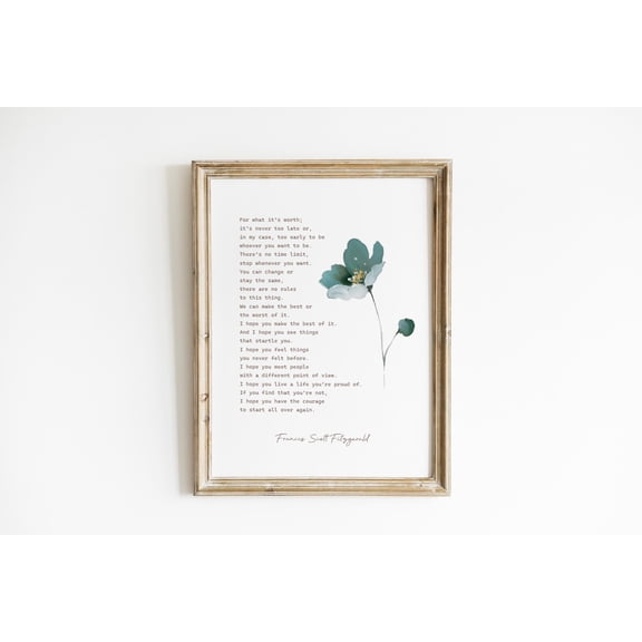 For What It's Worth Quote Art Print Blue Floral Art F Scott Fitzgerald Quote Beige Wall Art Vintage Literary Art Printed And Shipped Fsf1-a1 Poster, Poster Only