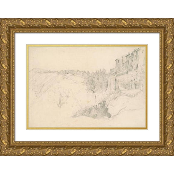 Worthington Whittredge 24x17 Gold Ornate Framed and Double Matted Museum Art Print Titled - Hillside with Houses and Figures (1854-1859)