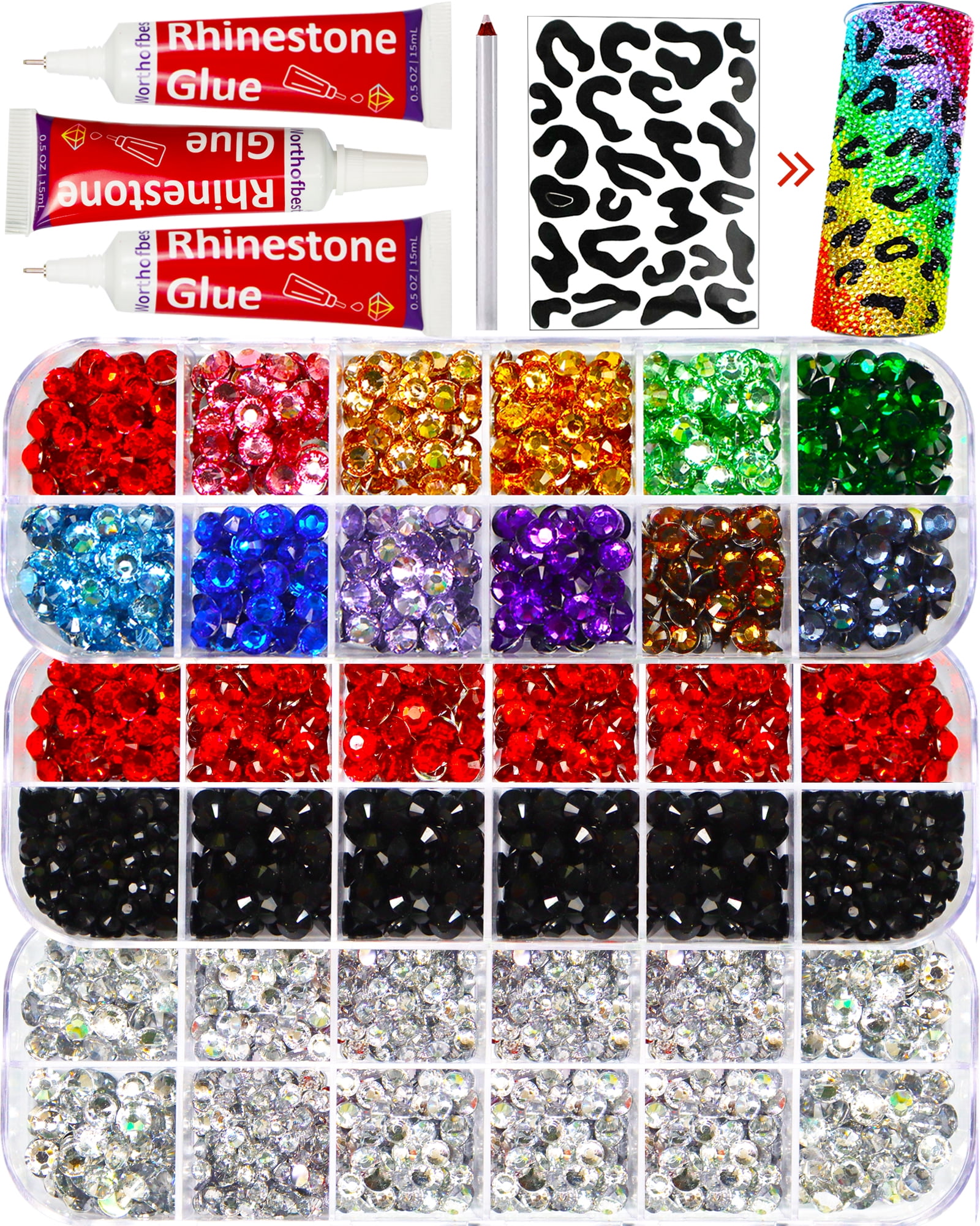 Worthofbest Rhinestones with Craft Glue for Crafts, Flat Back Gems Crystals - Mixed Colors, Size: Small