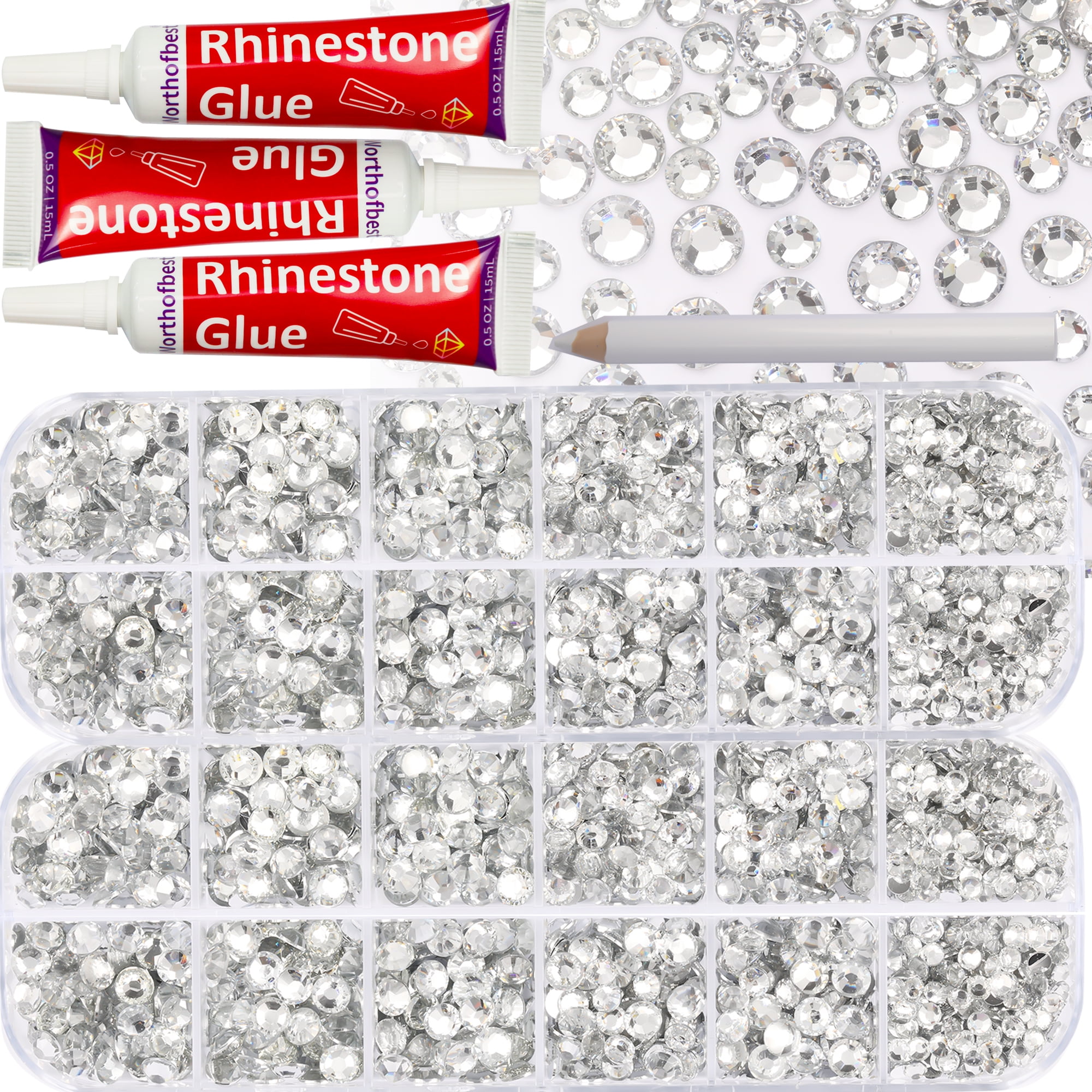 Worthofbest Flatback Rhinestones with Rhinestone Glue - White, Clear,  Silver, Crystal