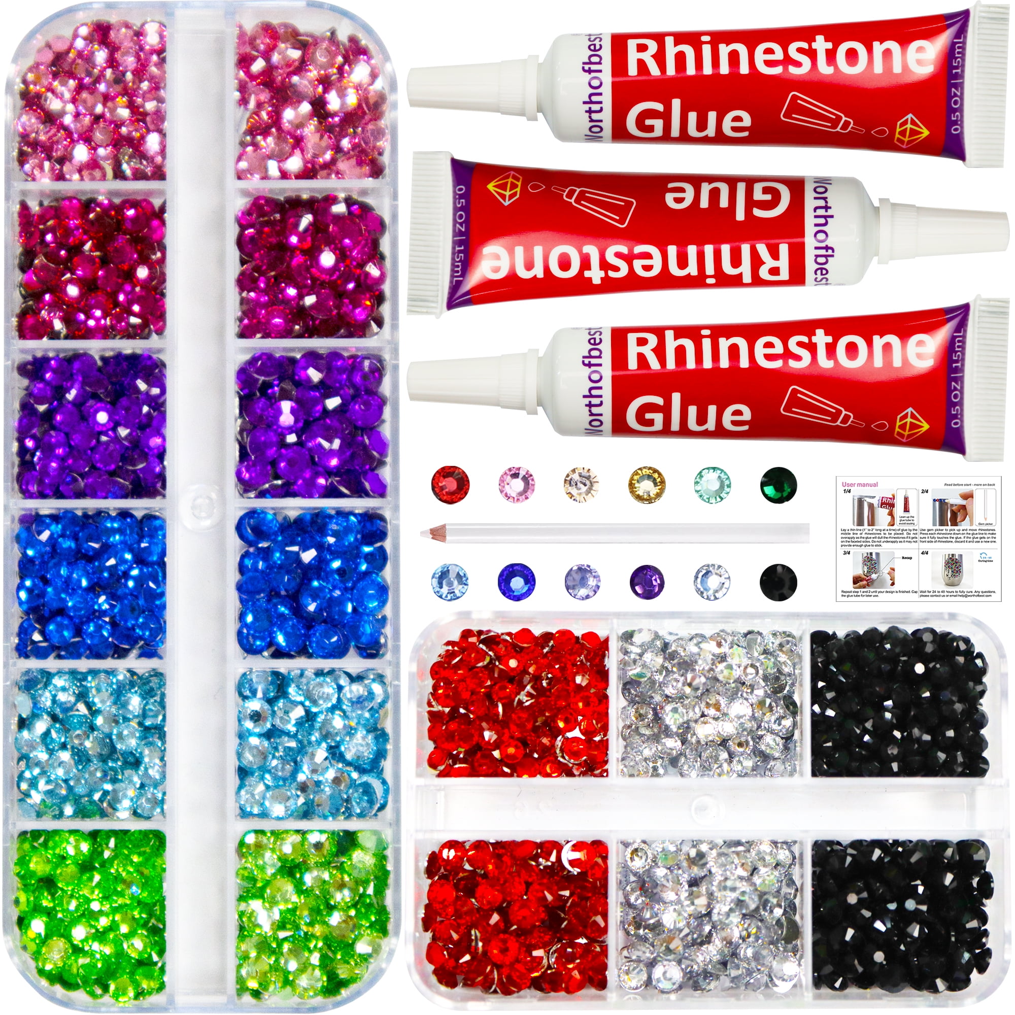 Rhinestones for Crafts with Gem Glue Clear, Bedazzler Kit with Rhinestones for Clothes Clothing Fabric Shoes, Colorful Flatback Crystals Bling Kit